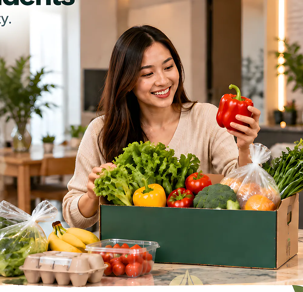 A customer smiling as she unpacks fresh vegetables and fruit